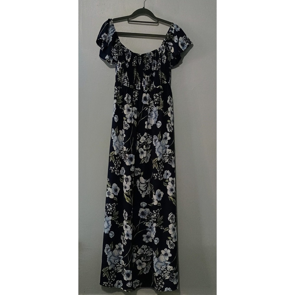 Altar'd State Navy Blue Floral Smocked Maxi Dress Ruffle Sleeve Medium